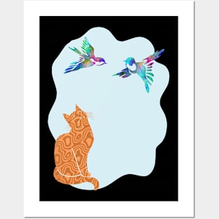 Camouflage Orange Cat Watching Birds Silhouette Art Posters and Art